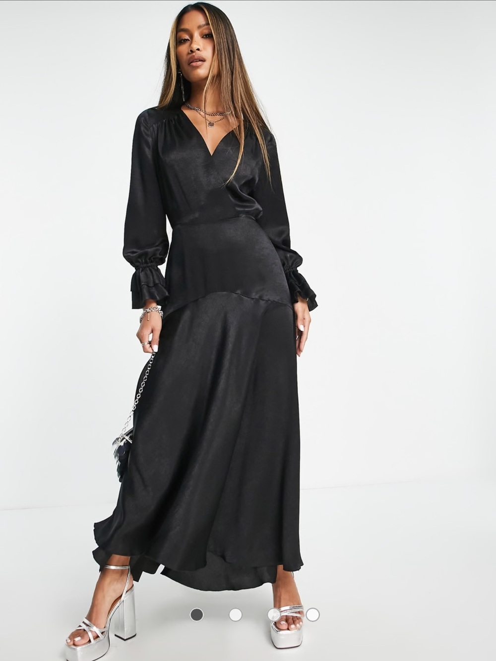 Flounce London satin long sleeve maxi dress in black satin 14